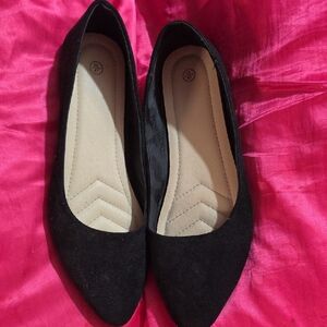 Black Pointed Toe Women's Flats - Classic Suede Look